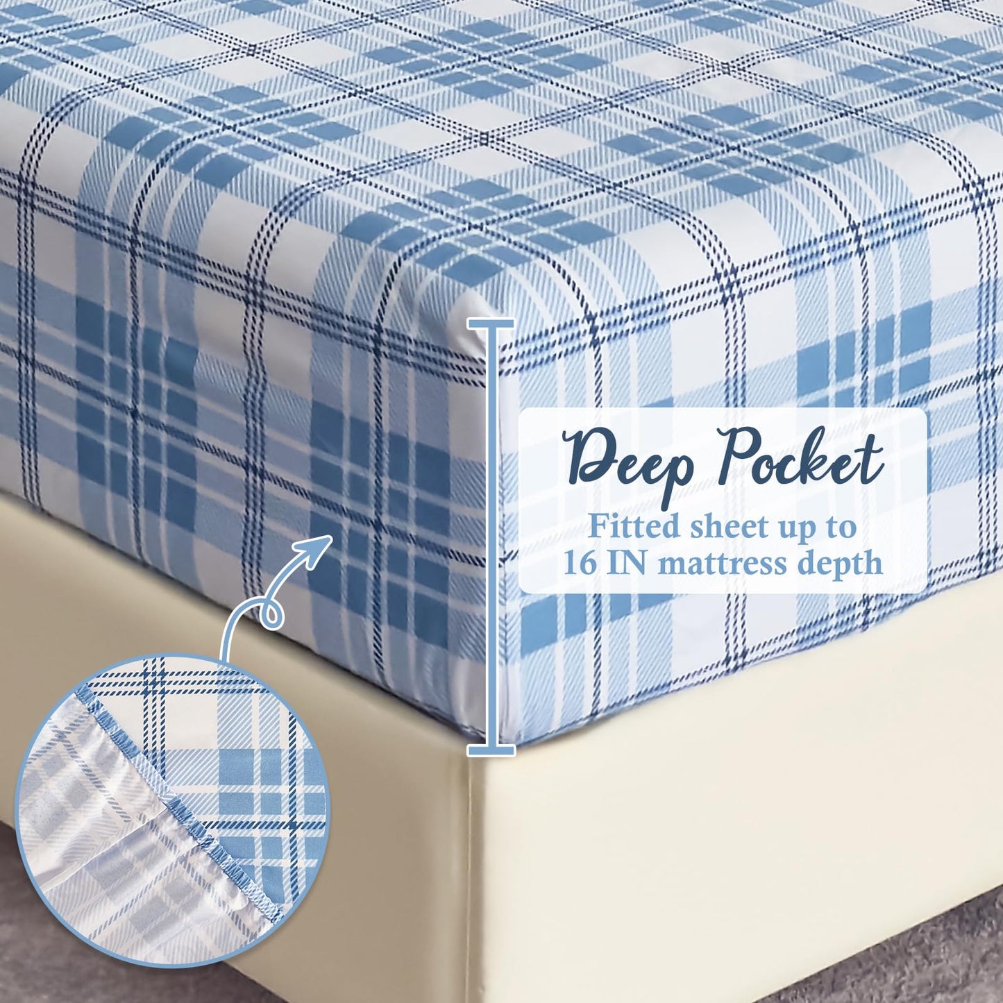 MICORAL Queen Sheet Set Plaid Patten, 4-Piece Printed Bed Sheets, 16" Deep Pocket, Ultra Soft & Cooling Sheet, Oeko-TEX Certified, Plaid Light Blue