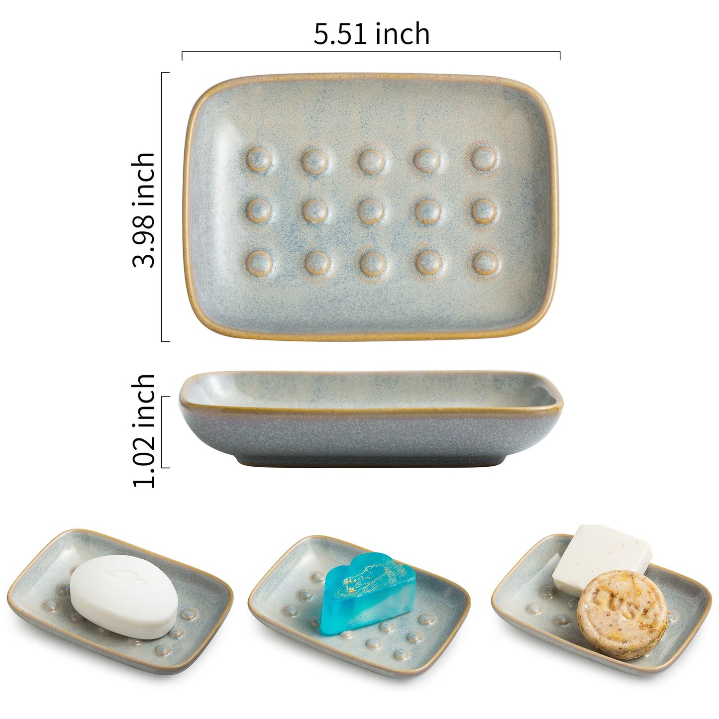 Soap Dish for Shower, Ceramic Soap Dish for Large Soap Bars, Non-Slip Soap Holder & Saver Tray with Floating Point Design for Bathroom, Shower, Kitchen Sink, Save Soap Loss
