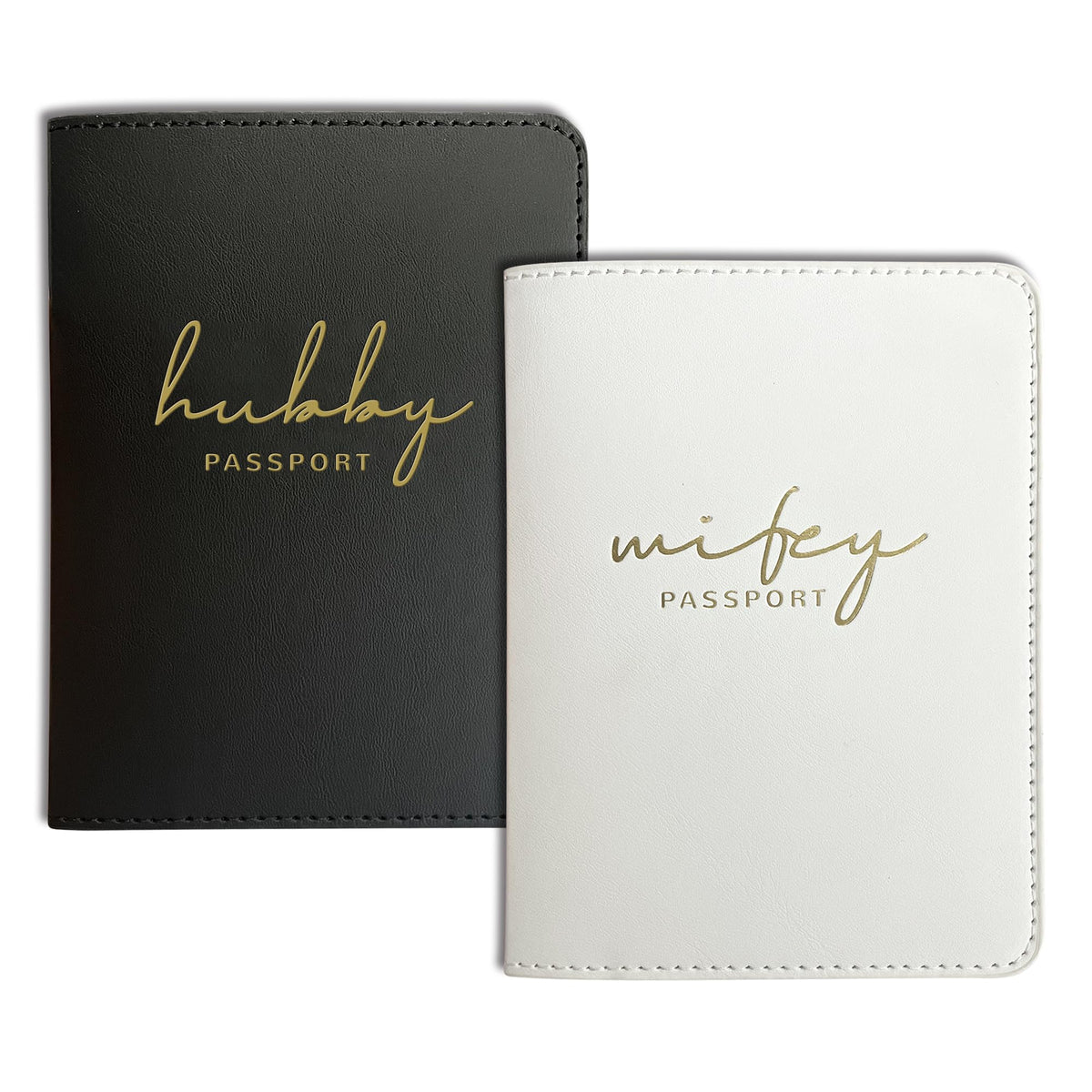 Mr&Mrs Gifts Matching Passport Holders for Bride and Groom, Hubby&Wifey Gold Foil Logo, Dual PU Leather with Card Pockets, Honeymoon Travel Essentials Gift for Newlyweds(HW Black White)