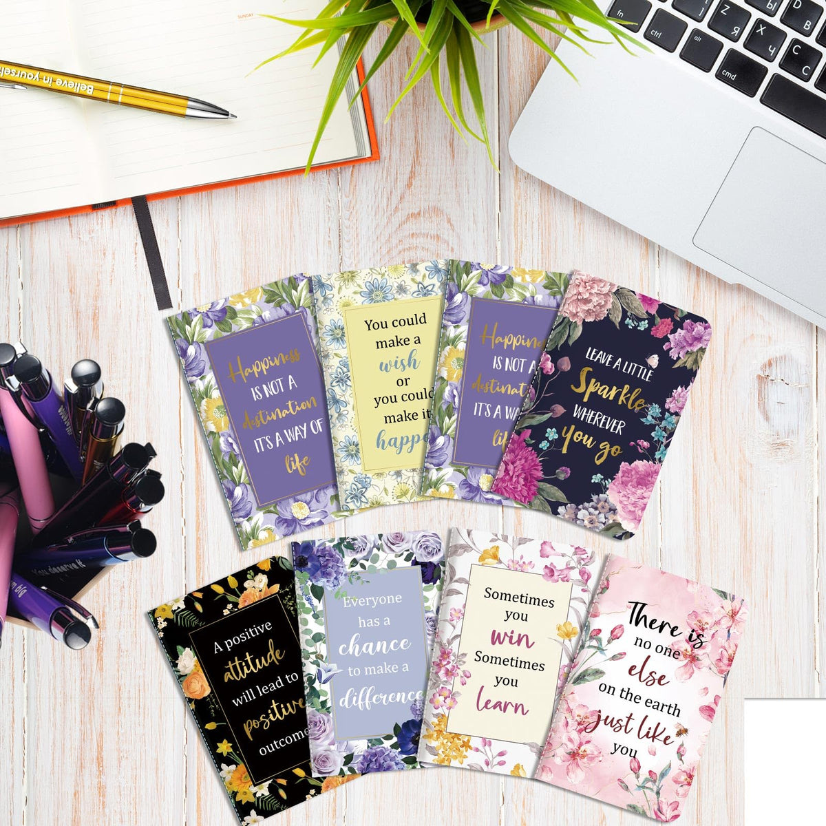 Funrous 32 Pcs Motivational Quote Pens Inspirational Notepads Mini Journal with Ballpoint Pen Small Notebooks Gift Set for Men Women Coworkers, Adult Party Favors Christmas Prizes Gift(Motivational)