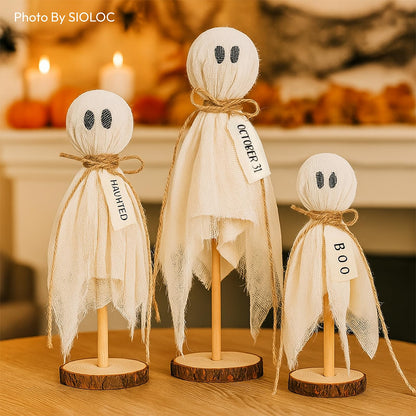 Halloween Ghost Decorations Set of 3, Rustic Wooden Base Boo Ghost Tabletop Ornaments, Farmhouse Halloween Indoor Centerpieces for Mantel, Shelf, Coffee Table and Entryway Decor