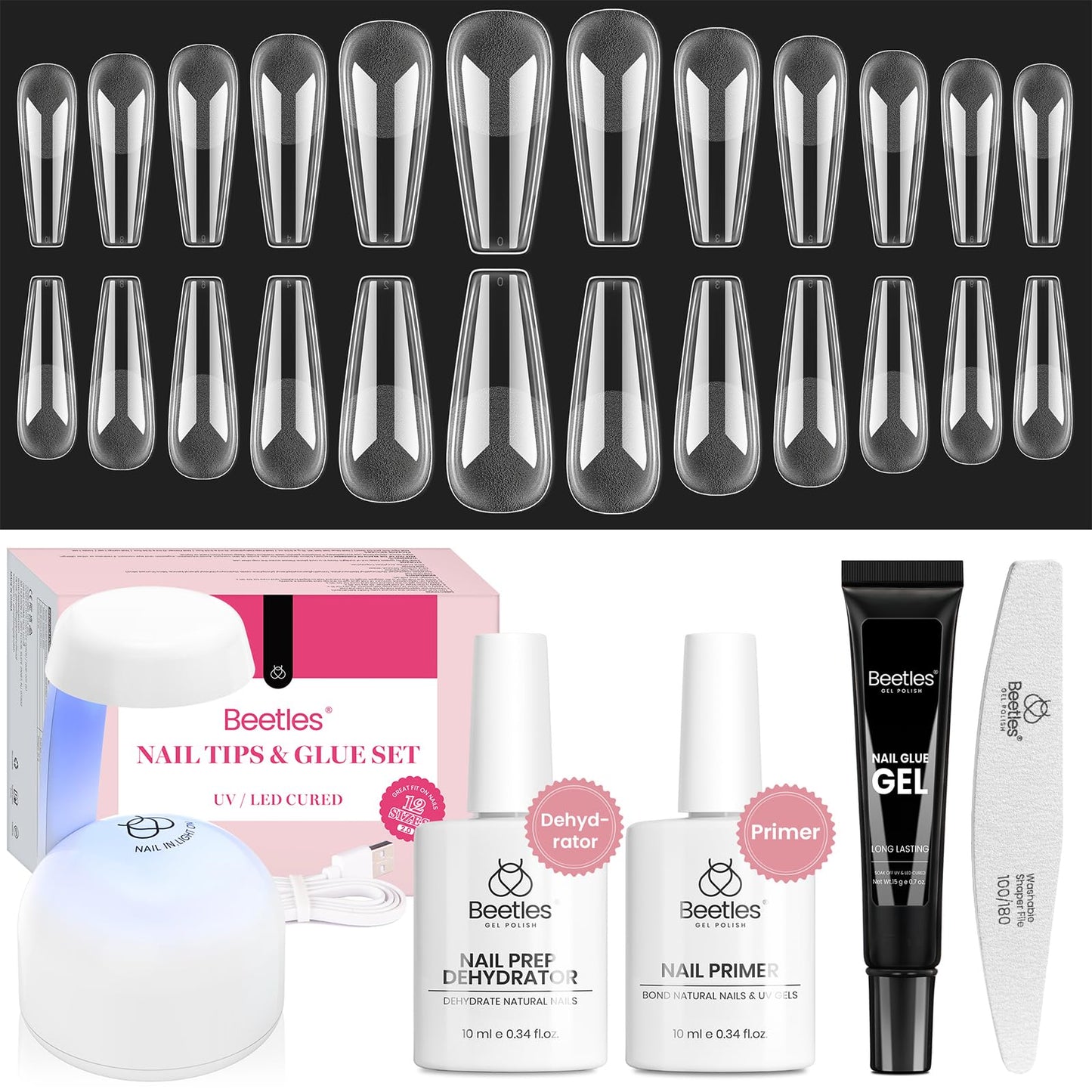 Beetles Gel Nail Extension Kit Almond Shape, Easy 9 in 1 Glue Uv Led Set Etch X Nail Tips Short Almond Half Matte Tips, Gift for Women & Girls, 504 pcs