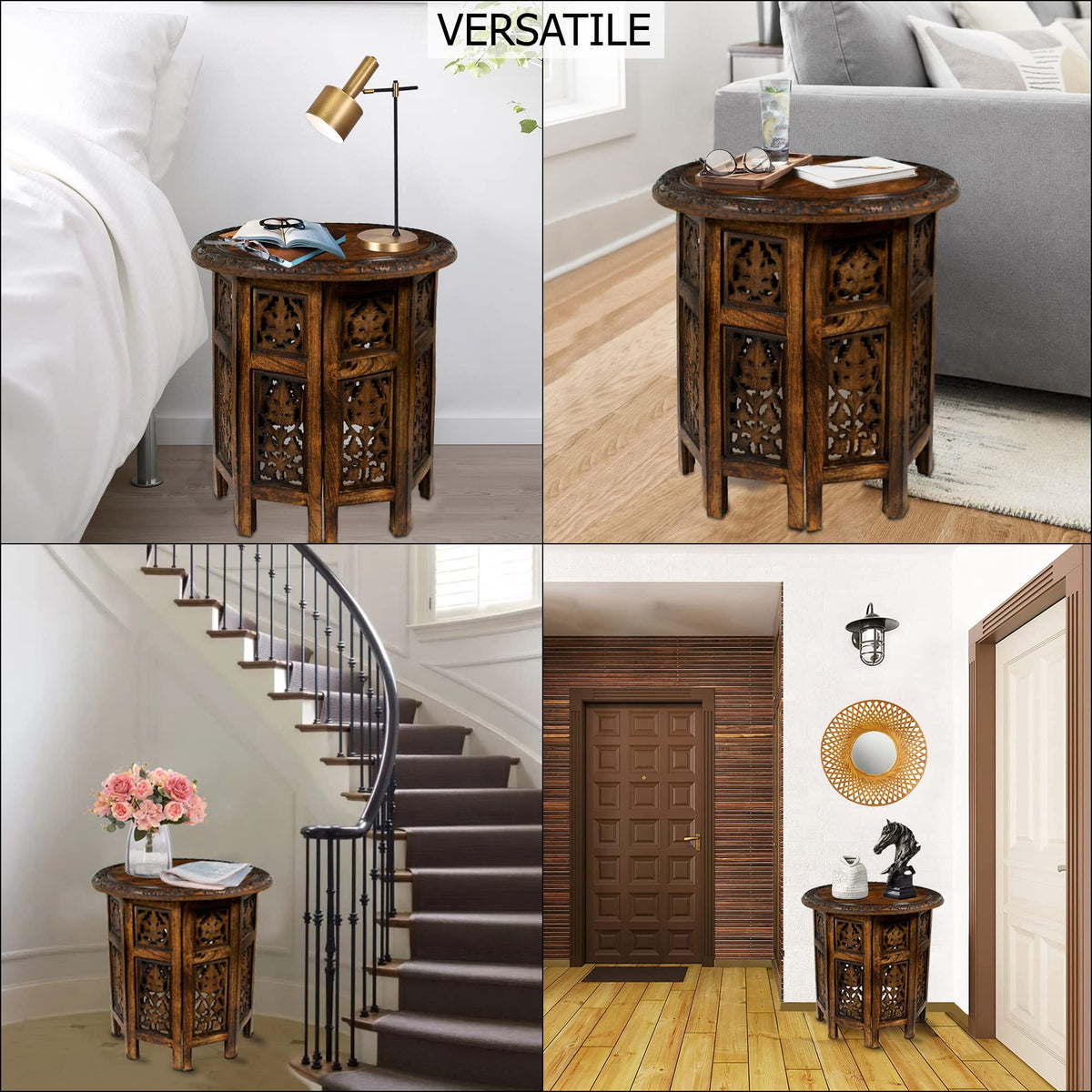 Solid Wood Accent End Table - Hand Carved Vintage Boho Folding Side Table - Small Spaces Entryway Farmhouse Living Room Bedside - No Tools Assembly -18x18 Round - Jaipur Antique Brown -Cotton Craft