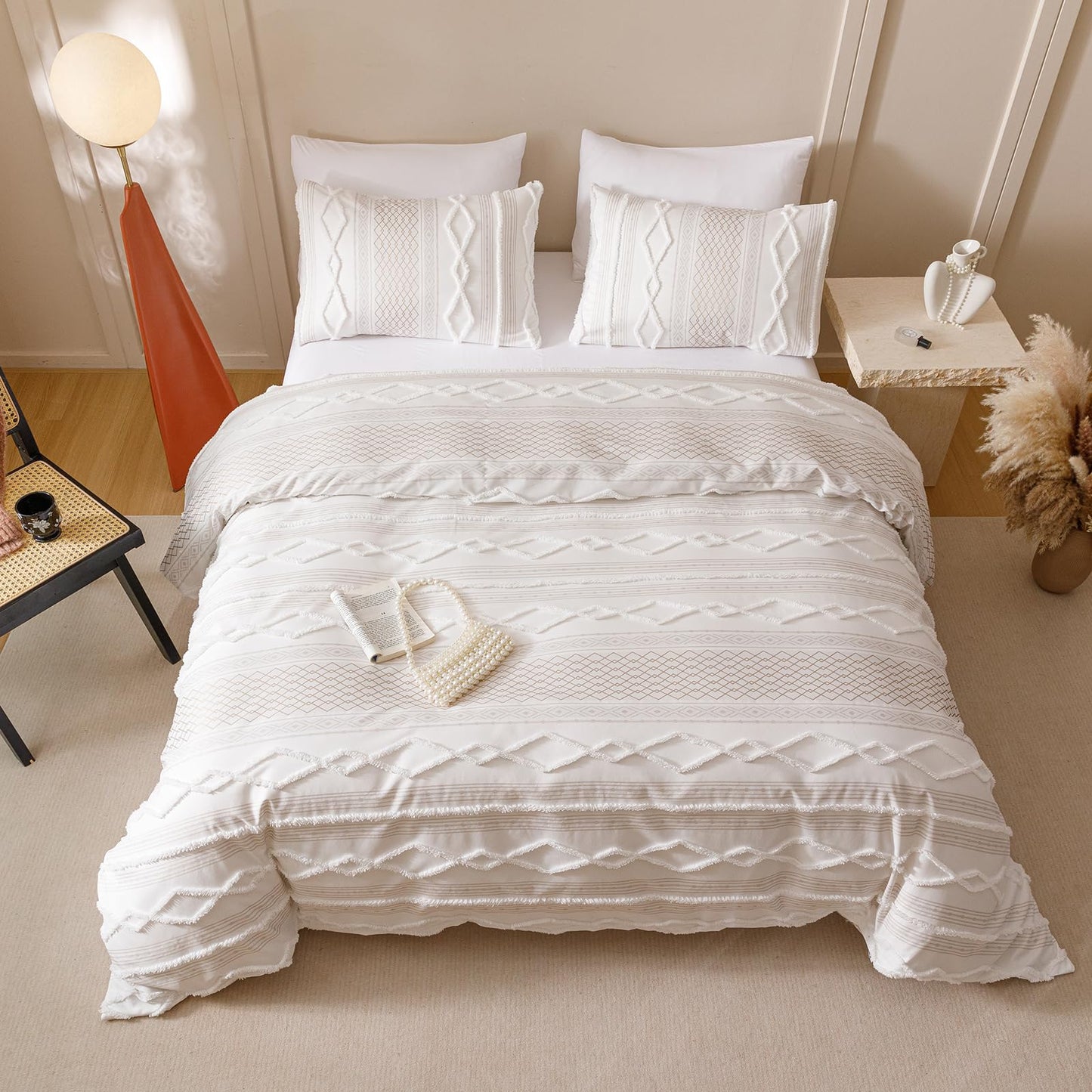KAREVER Ivory Boho Comforter Set Full Mixed Textures Jacquard Bedding Set Durable Chic and Stylish Bedroom Set