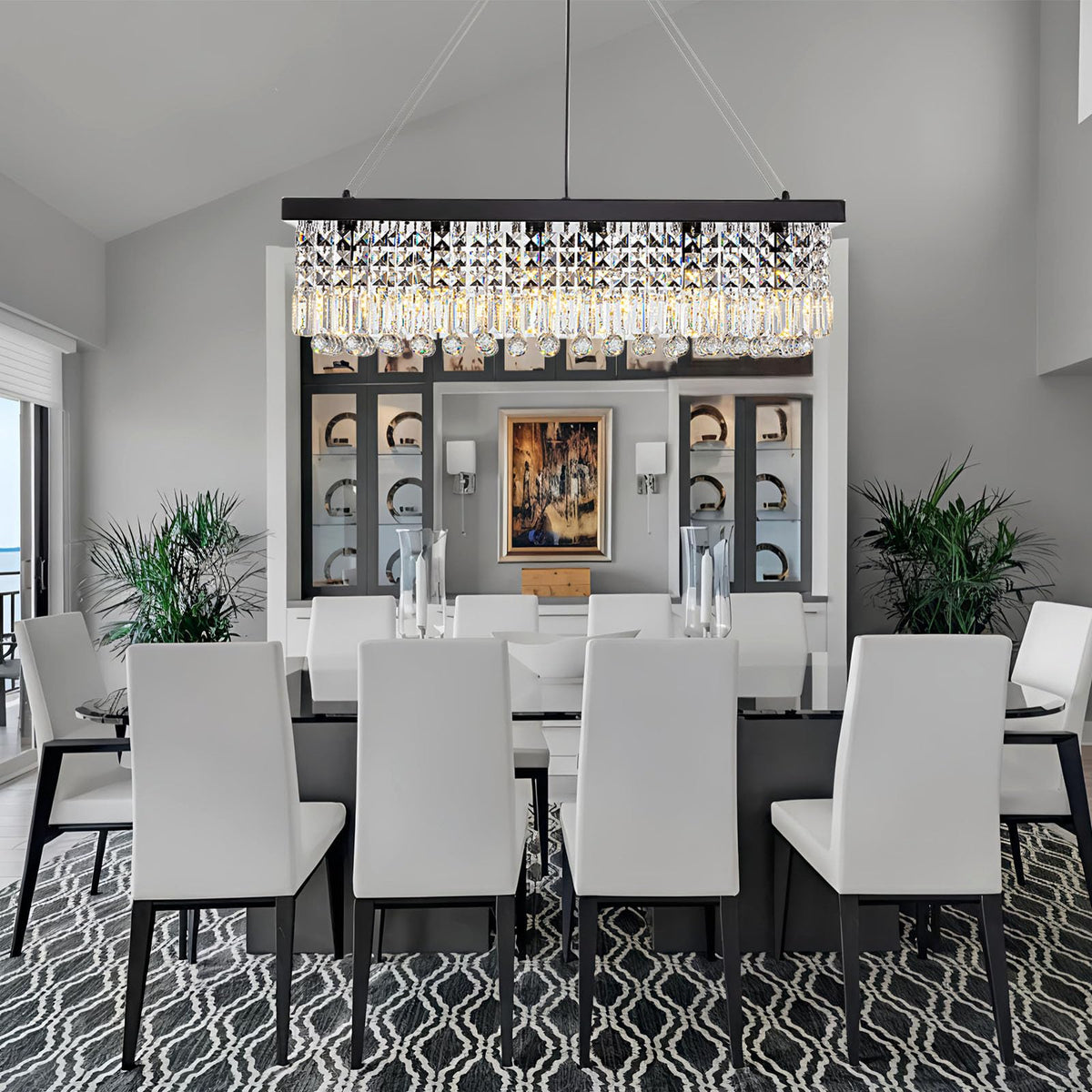7PMBEANE Rectangle K9 Crystal Chandelier,Rectangular Contemporary Pendant Light Fixture,Black Modern Crystal Chandeliers for Dining Room Kitchen Island L31.5''xW10''xH10''