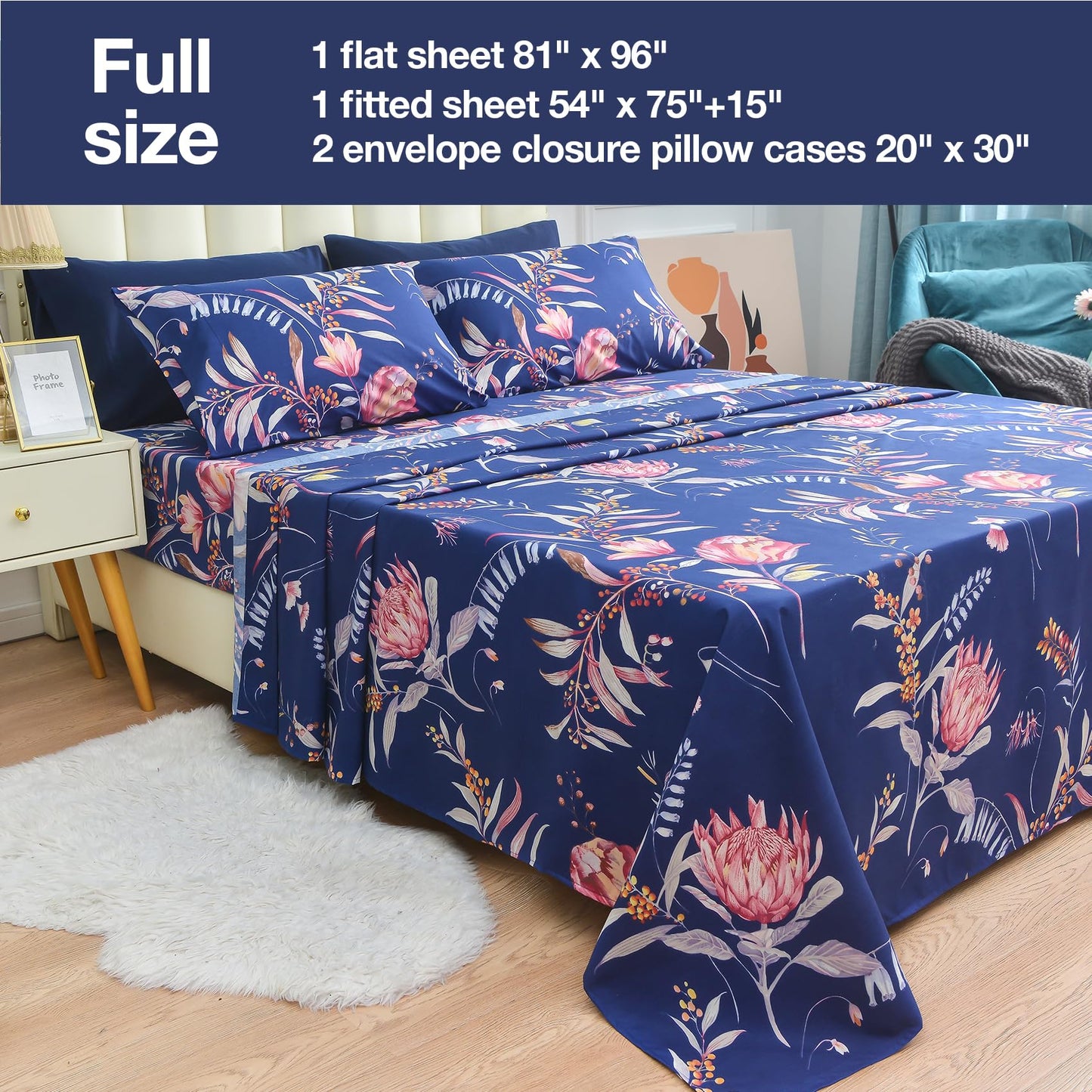 JSD Navy Floral Sheet Set Full Size, 4 Piece Printed Microfiber Sheets Extra Deep Pocket Wrinkle Free