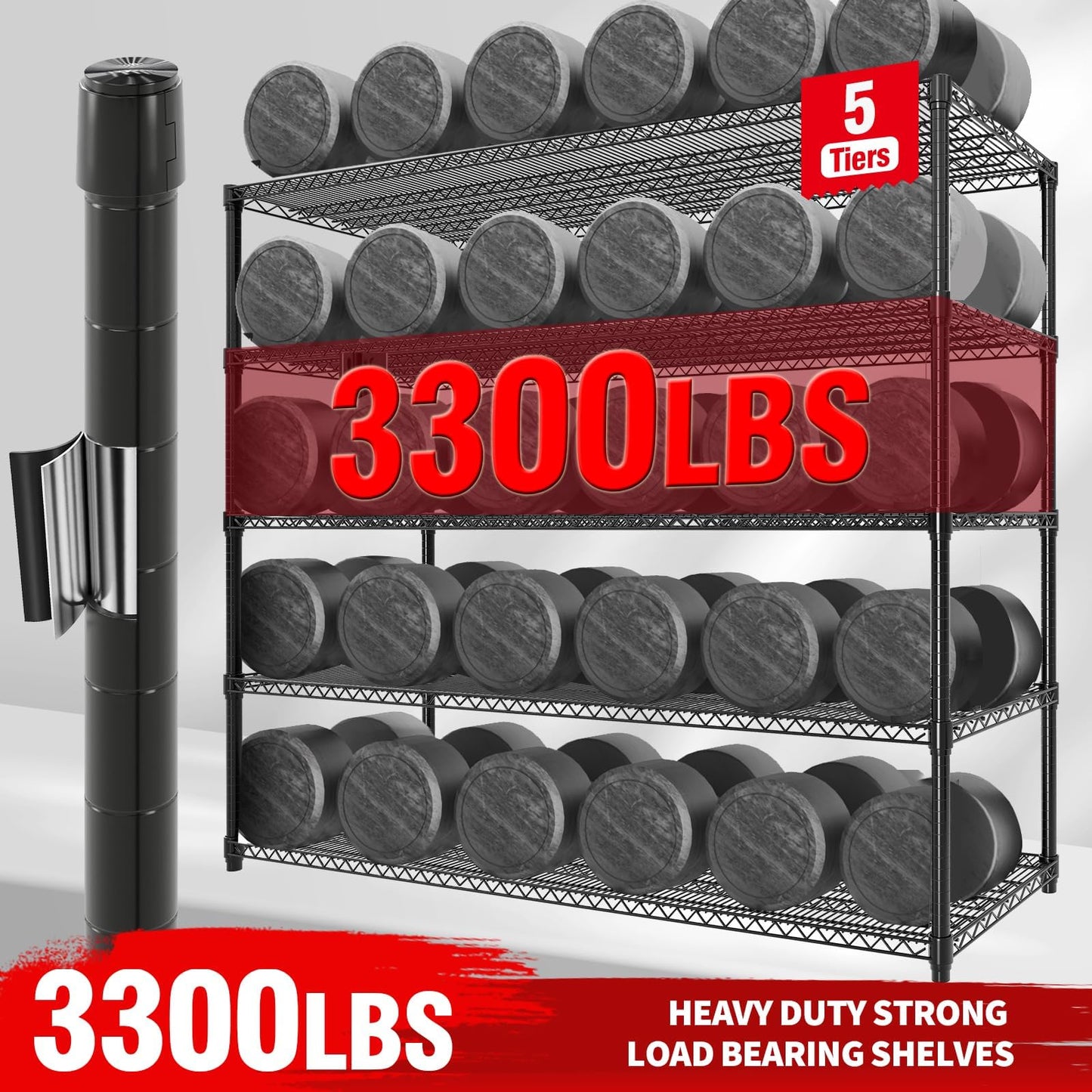 MilleLoom 5 Tier Metel Shelving with Wheels, Garage Storage Shelves Heavy Duty Rack Load 3300LBS, Ajustable Black Wire Shelving Unit, for Home Garage Basement, Easy Assembly, 59" W X 24" D X 82" H