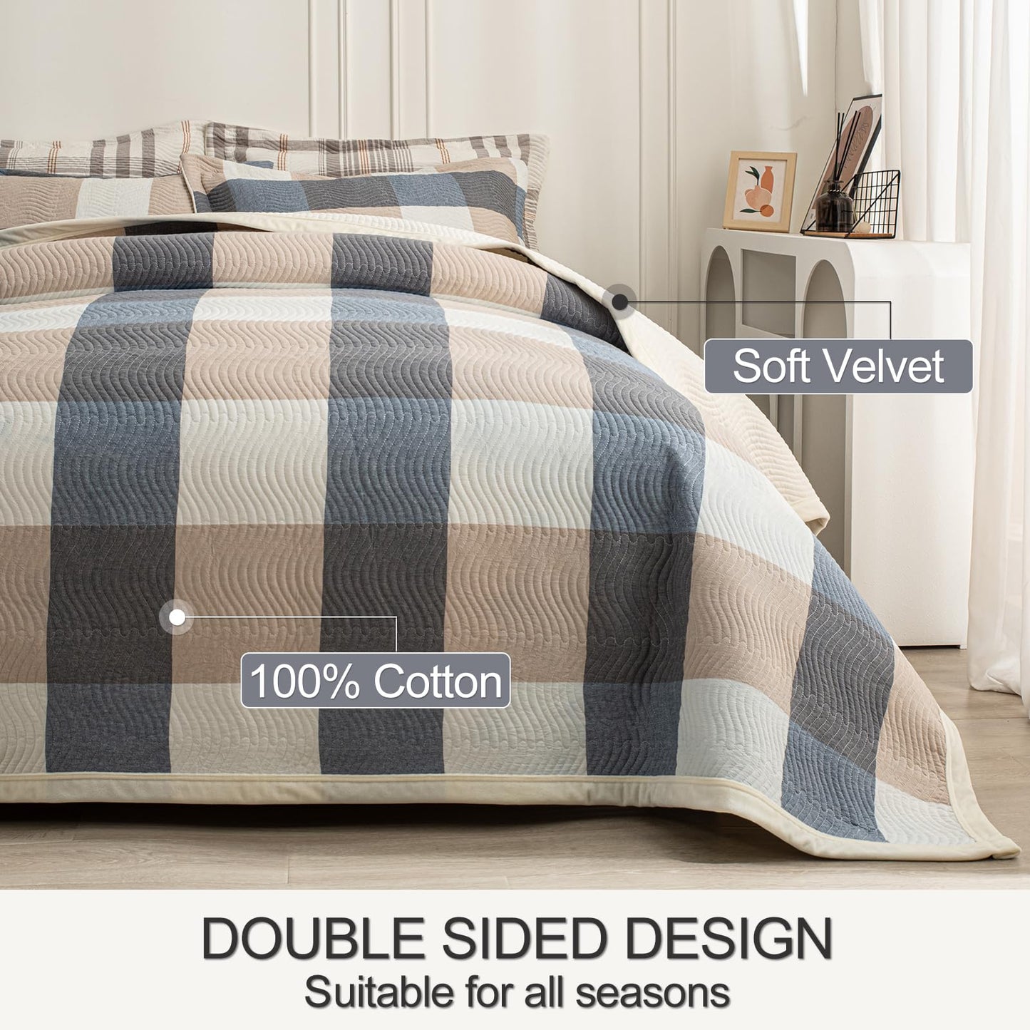 tohrisa Cotton Plaid Quilt Set, Ultra Soft 3 Pieces Queen Size Bedding with 2 Pillow Shams, Lightweight Reversible Coverlet Bedspread with Wave Quilting for Summer, 90"x96", Grid-Beige Blue