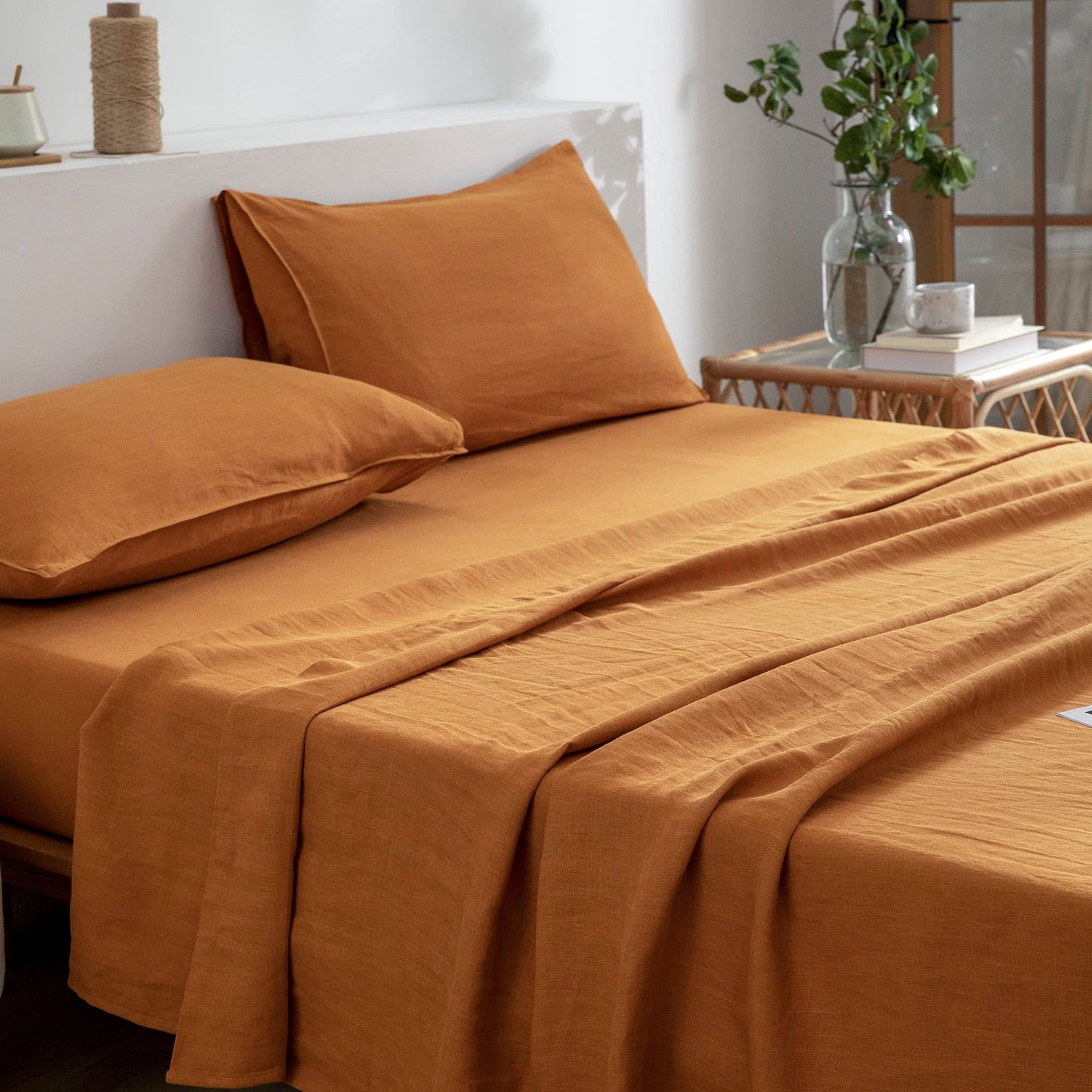 EVERLY Linen Sheets Set Twin Size,100% French Pure Linen Sheets Set,3Pieces (1Flat Sheet,1Fitted Sheet,1Pillowcase) Suitable for Hot Sleepers, Stonewash Deep Pocket Natural Bedding Set-Caramel