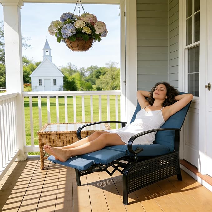 Kozyard Adjustable Outdoor Reclining Lounge Chair, Cushioned Patio Chaise Lounge with Extendable Metal Frame for Sunbathing, Reading & Relaxing – Comfortable Outdoor Recliner(Aqua)