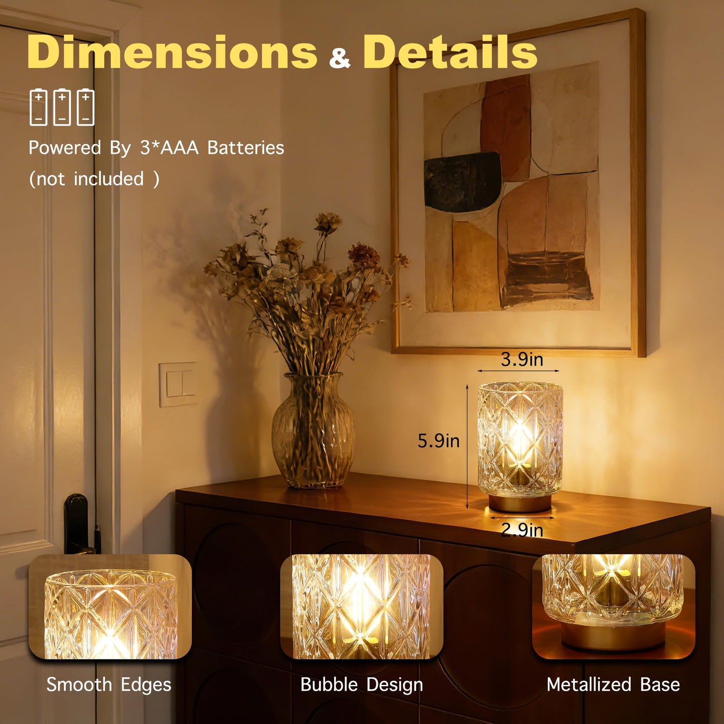 Battery Operated Lamp,Cordless Samll Glass Accent Lamp with Timer for Nightstand,Warm White Cozy Ambient Decorative Table Lamps for Shelf/Dorm/Office Cubicle/Desk/Entryway/Bedside(Iridescent Clear)