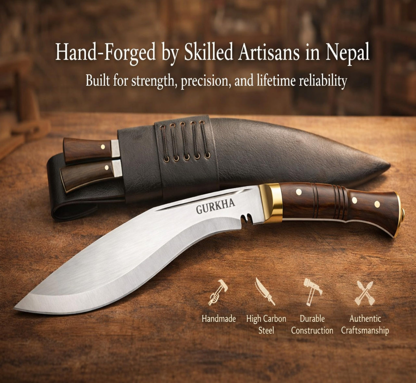 Gurkha Kukri Knife – Hand-Forged in Nepal – WW II 11" Carbon Steel Blade | Full Tang Khukuri – Heavy Duty Chopping, Survival & Bushcraft with 2 Utilities Knives & Leather Sheath