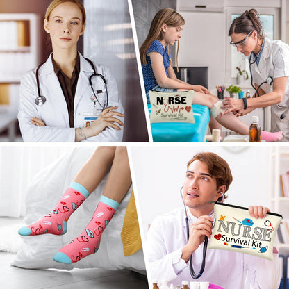 Hotop 36 Pcs Nurse Survival Kit 2026 Nurse Week Gifts Appreciation Gifts Bulk Badge Reel Makeup Bags Socks Headbands Notepads with Pen CNA Accessories for Nursing Doctors Medical Assistant Students