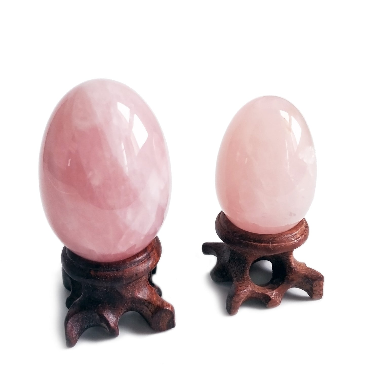 Polar Jade Set of 2 Rose Quartz Gemstone Egg Spheres with Wooden Stand for Healing Meditation Chakra Balancing and Home Decoration (L & M Sizes)