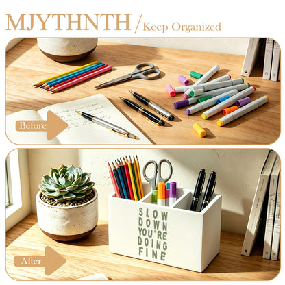 MJYTHNTH Sage Green Inspirational Pencil Pen Holder for Desk, Slow Down You're Doing Fine Motivational Wooden Box Sign Pen Holder Organizer for Home Office Desk Accessories