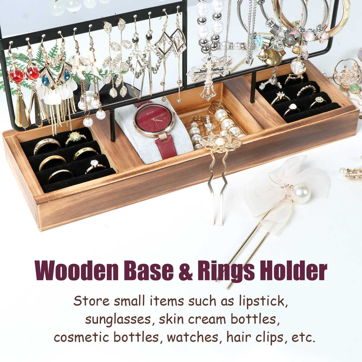 sovia Jewelry Organizer Stand,Earring Organizer with 84 Holes Ear Stud,Jewelry Organizer Holder with Wooden Tray for Earrings Necklaces Bracelets Watches and Rings,Earring Holder Organizer,Black