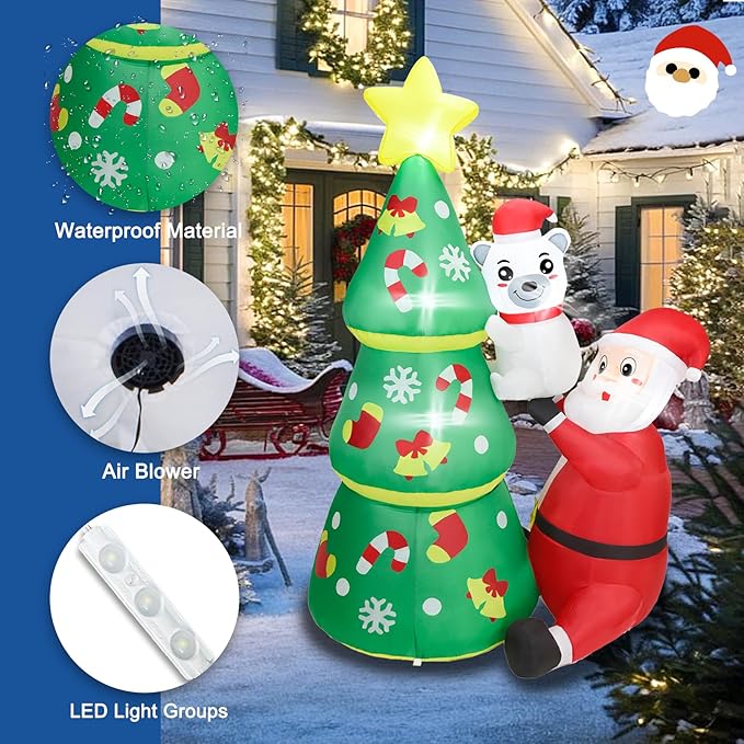 Dearsun 6.2FT Christmas Inflatable Tree with Santa Claus and Polar Bear, Blow up Christmas Inflatable Santa Build-in LED Lights Outdoor Decorations Large Party Yard Decoration
