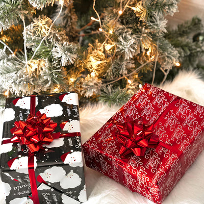 WRAPAHOLIC Reversible Vintage Christmas Wrapping Paper - Mini Roll - 17 Inch x 33 Feet - Black Jolly Santa Wrapping Paper and Red Merry Christmas Design with Metallic Foil Shine for Holiday, Party