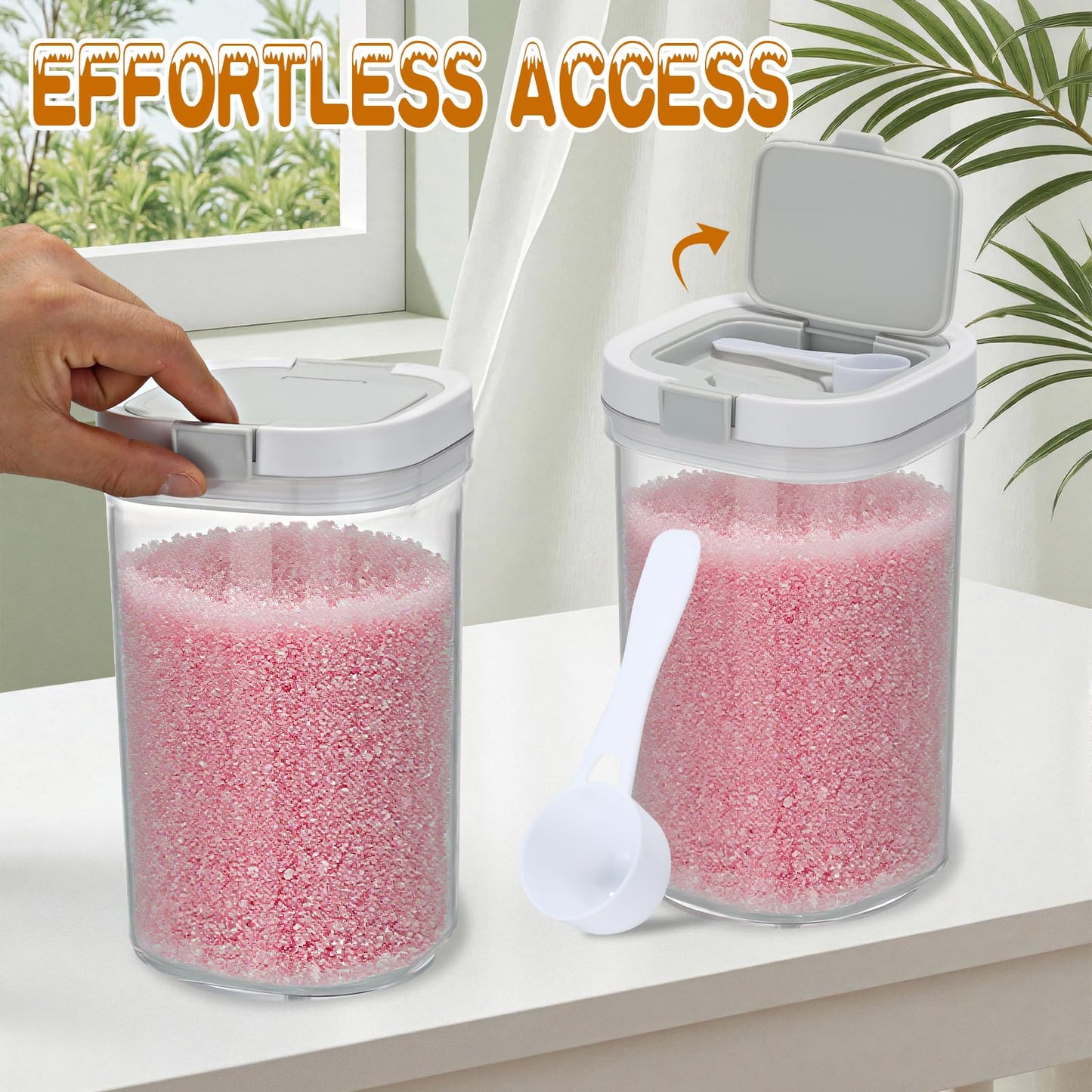 HFYZZ 2 Pack Bath Salt Jar with Pop-Up Airtight Lid and Scoop, 1.8L Plastic Airtight Storage Canister Bathtub Accessories for Bathroom Salt, Flour, Candy, Tea