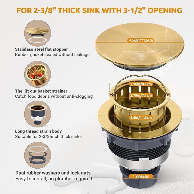 BOTEMY 3-1/2'' Kitchen Sink Drain Assembly Kit, Brass-Finish Sink Drain Strainer