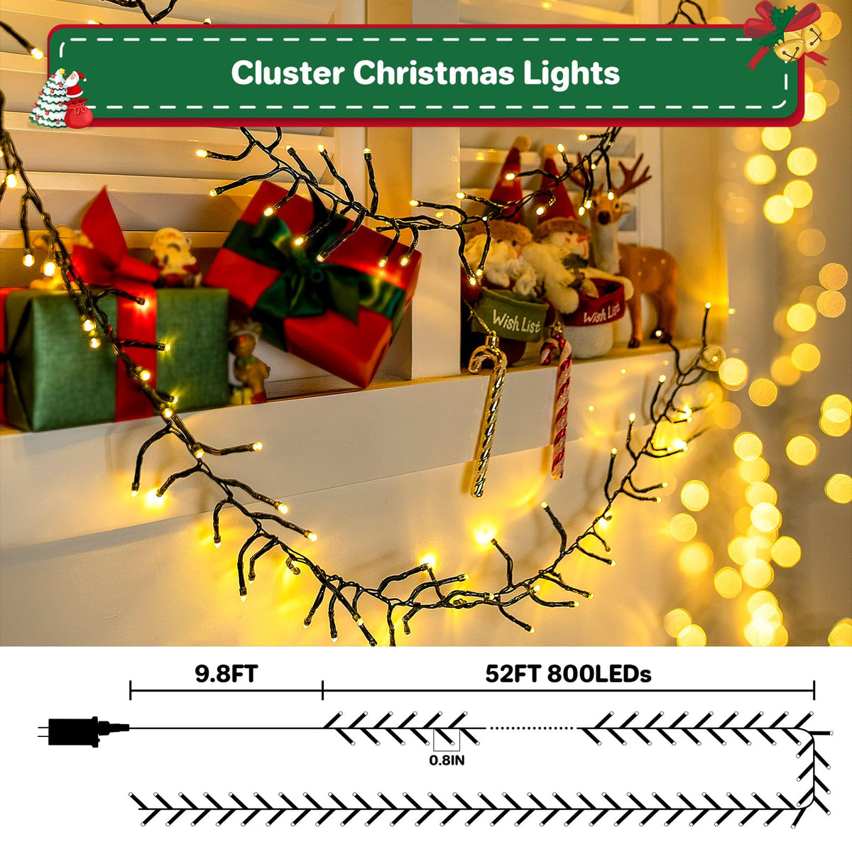 Christmas Cluster Lights Plug-in -52FT 800 LED Firecrackers String Lights,8 Modes Timer Waterproof Twinkle Fairy Lights for Christmas Tree Garland Party(Warm White)
