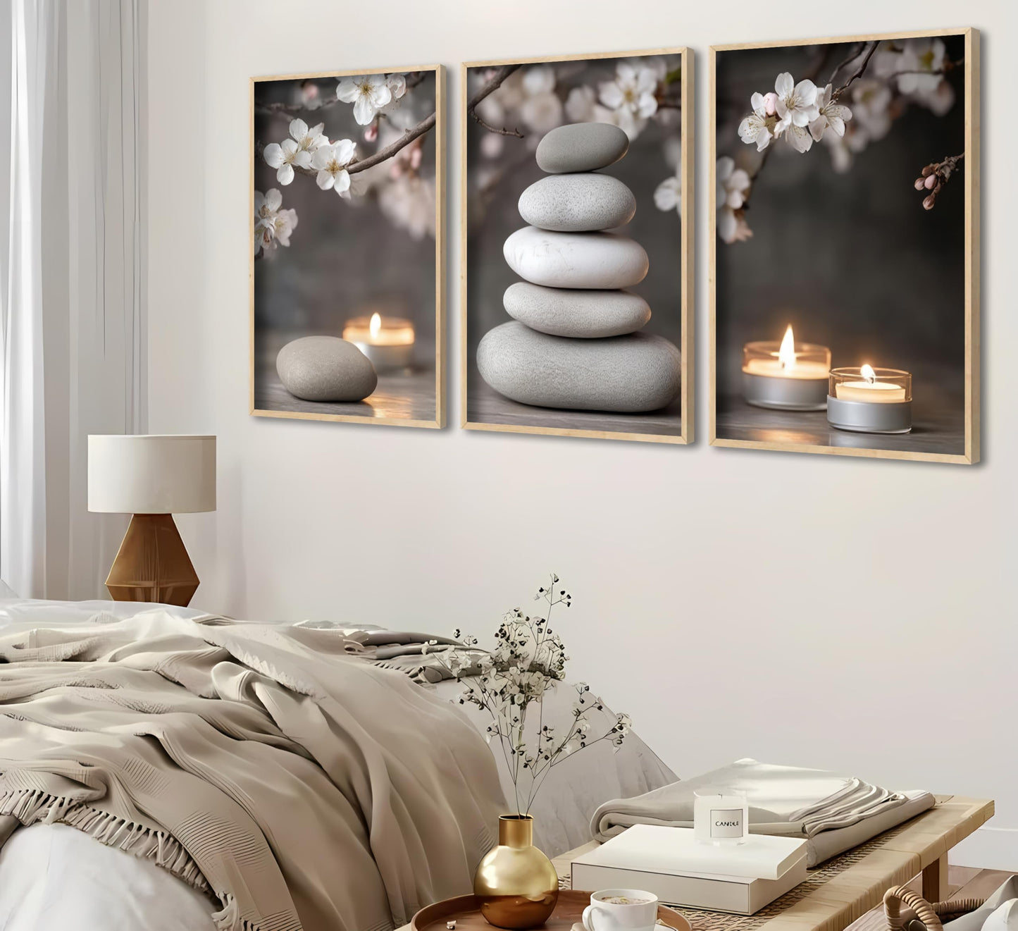 ZHJIOFXG 3 Piece Zen Canvas Wall Art Stacked Stones Cherry Blossom Candle Spa Wall Decor Calming Minimalist Neutral Poster Print Art for Bathroom Bedroom Yoga Room Office Living Room 12x16in Unframed