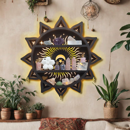 FNYDOX Chakra Lotus Flower Crystal Display Shelf with LED Light, Witchy Home Decor Boho Decorative Wall Mounted Trinket Shelf Wooden Sun Moon Shelf Rock Case Stone Storage Floating Hanging Holder