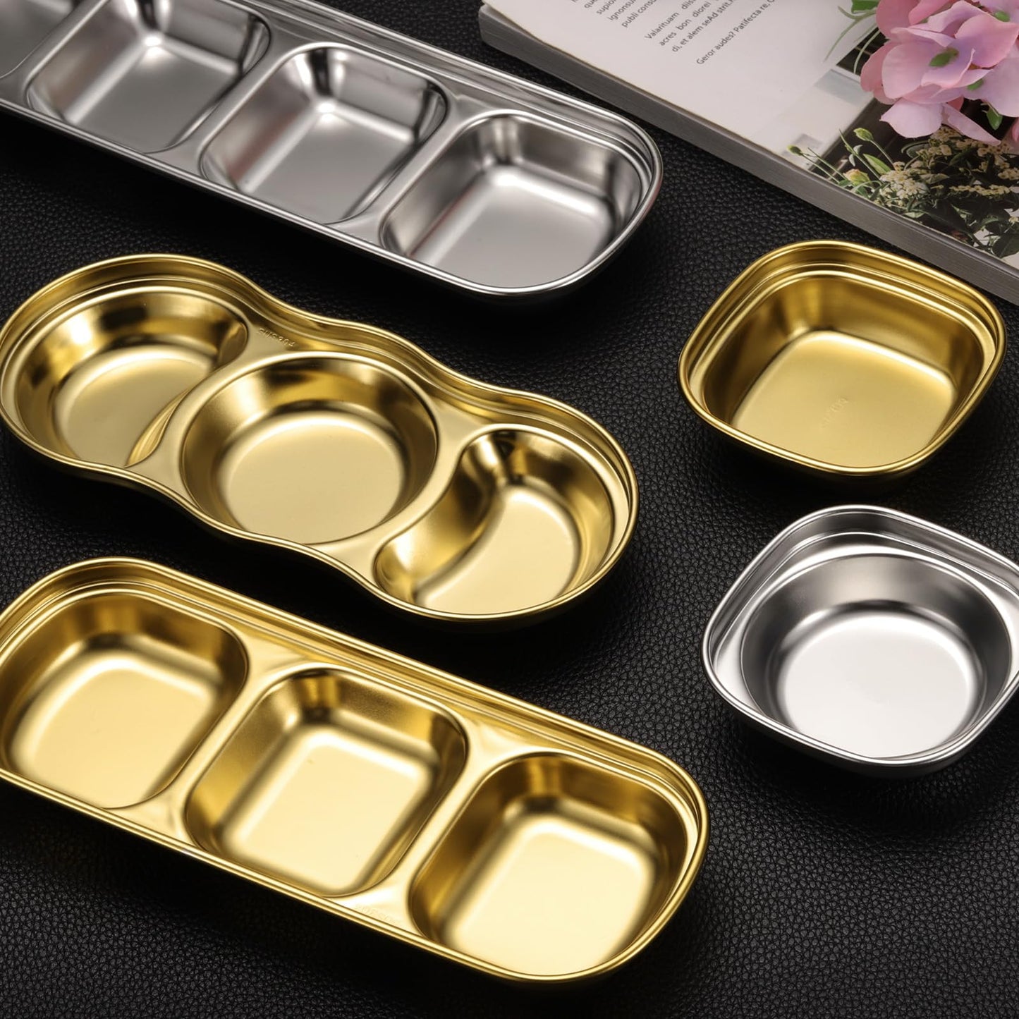 uxcell 4 Pack Stainless Steel Dish Dipping Bowls with 1 Round Compartment Divided, Metal Seasoning Plate Dipping Bowl for Condiment Home Party Restaurant Picnic Travel, Gold