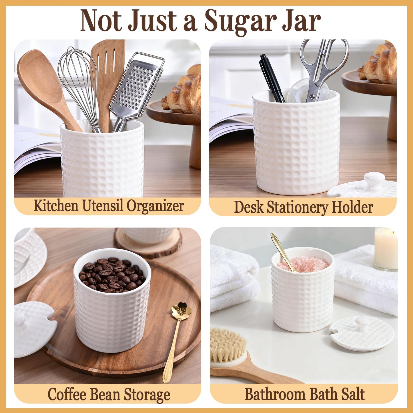 Seworlan Ceramic Sugar Bowl with Lid and Gold Spoon, 16 oz Large Sugar Container for Coffee Bar, Modern Farmhouse Decorative Sugar Holder for Salt, Spice & Seasonings, Dishwasher Safe, White