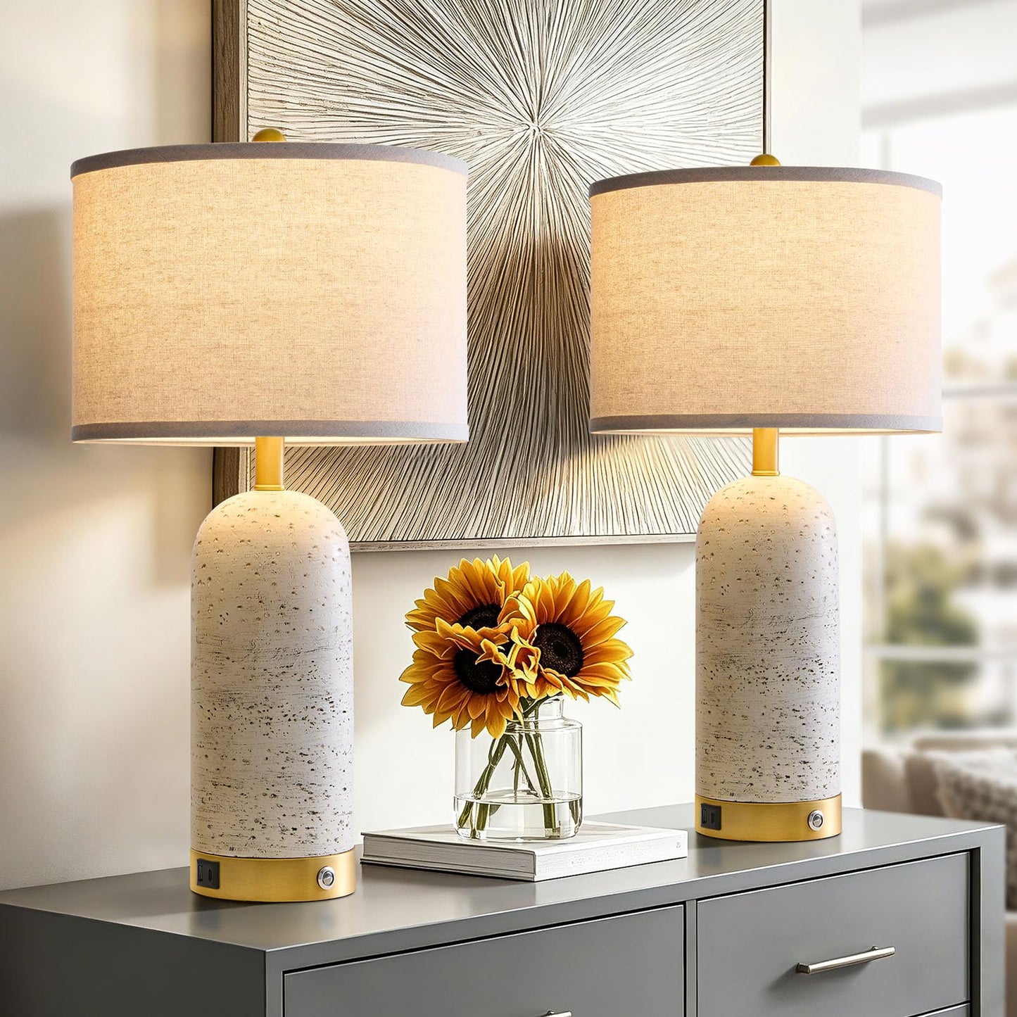 RORIA 25" Set of 2 Touch Rustic Table Lamps for Living Room, Resin Stone Travertine Nightstand Modern Lamps with 3-Way Dimmable and USB A+C Ports for Bedroom Entryway, 2 LED Bulbs Included
