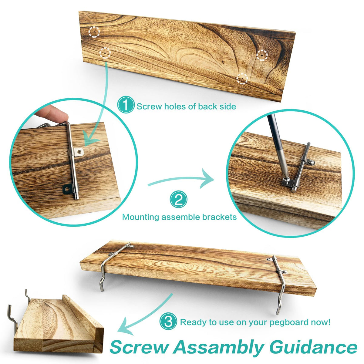 Wood Pegboard Shelves with Lip, 14" x 4" Peg Board Racks 3Pack Wall Organizer Shelf, 1/4 inch Heavy Duty Metal Brackets Fit All Pegboards, Display Craft Garage Workbench Office Shelving Accessories