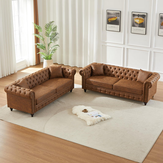 KEIKI Chesterfield Sofa, Retro Style Upholstered 3+3 Seats Tech Fabric Couch with Rolled Arm for Living Room Bedroom Office, Brown