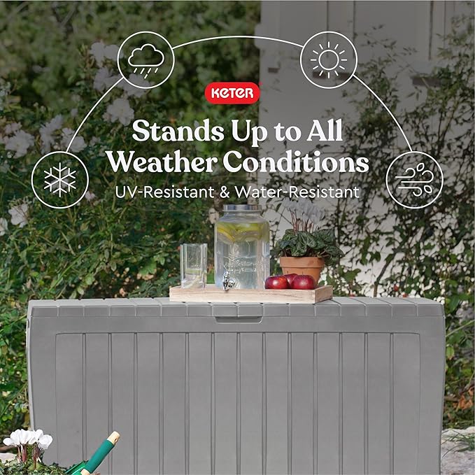 Keter Marvel Plus 71 Gallon Resin Outdoor Storage Box for Patio, Balcony & Garden – Weather‑Resistant Deck Box for Cushions, Pillows, Pool Floats & Tools, Light Grey