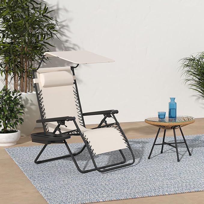 Best Choice Products Folding Zero Gravity Outdoor Recliner Patio Lounge Chair w/Adjustable Canopy Shade, Headrest, Side Accessory Tray, Textilene Mesh - Ivory