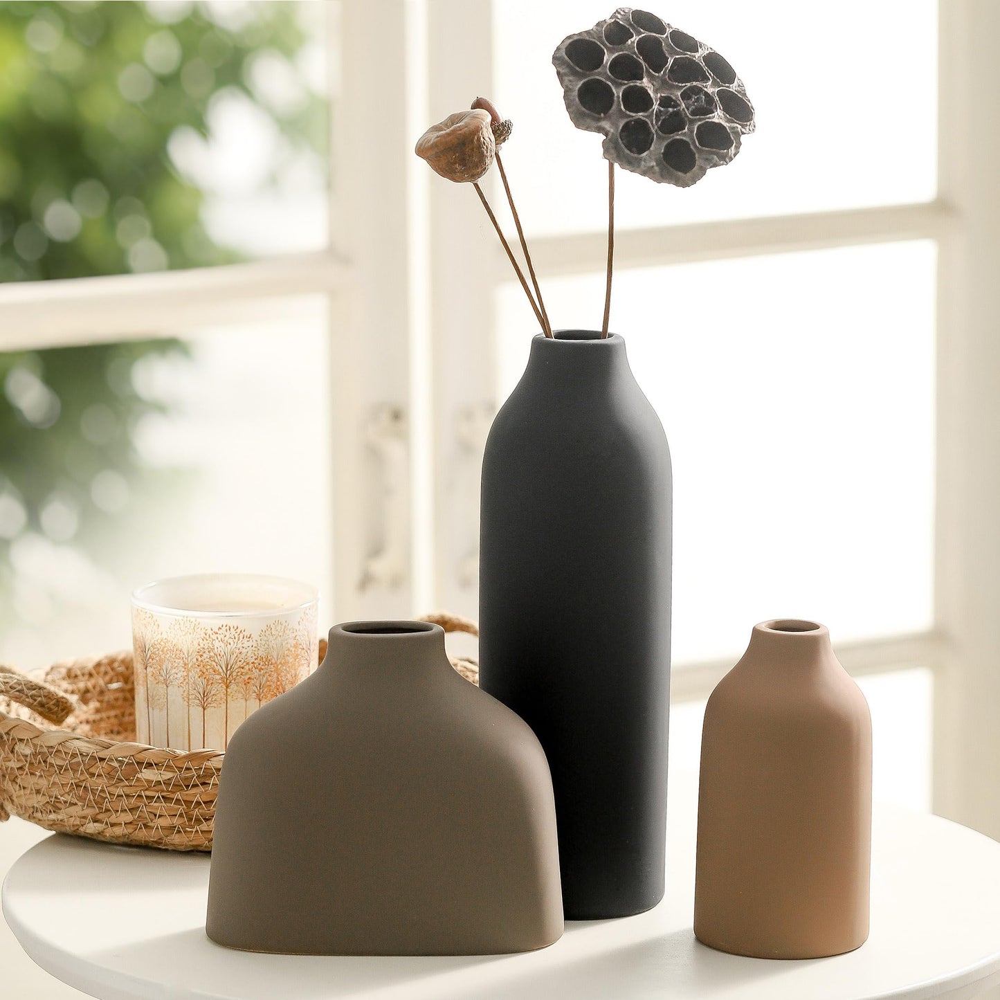 Ceramic Vase Set of 3,Flower Vase Home Decor,Modern Farmhouse Decor, Pampas Grass Dried Fresh Flowers,Bedroom,Living Room,Bookshelf Decoration, Centerpiece Table Decor,Boho Decor.