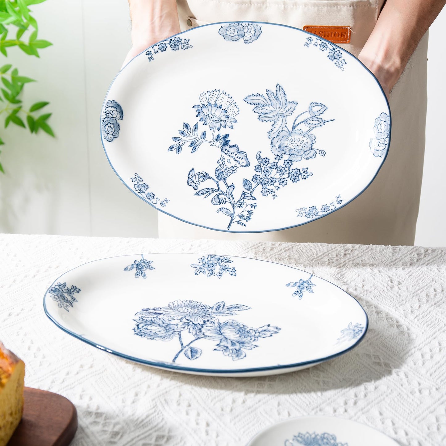 Magclay Ceramic Serving Platter, 13.7 Inch Large Oval Serving Trays, Dinner Plates, Dish Set for Dessert Appetizers Meat/Entertaining/Party, Blue and White, Set of 2