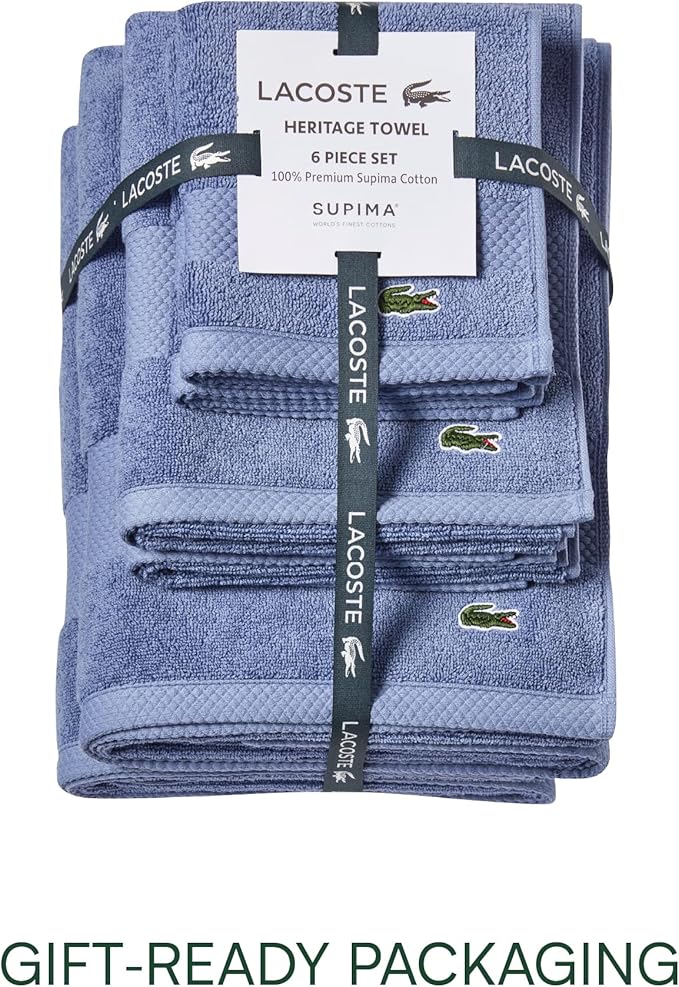 Lacoste Heritage Supima Cotton 6-Piece Towel Set, 2 Bath Towels, 2 Hand Towels
