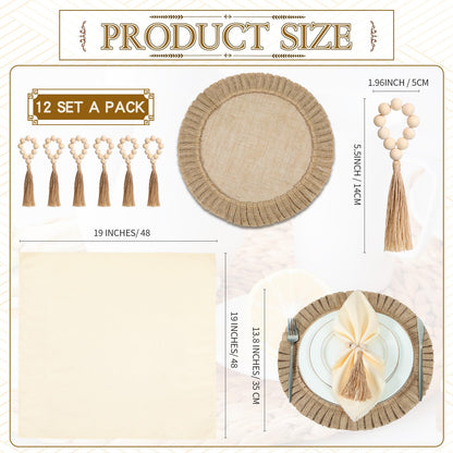 Gejoy Round Burlap Placemats Wood Bead Napkin Rings with Dinner Napkins Cloth, Jute Heat Resistant Placemats Boho Wooden Rings for Plates Wedding Dining Table(36 Pcs)
