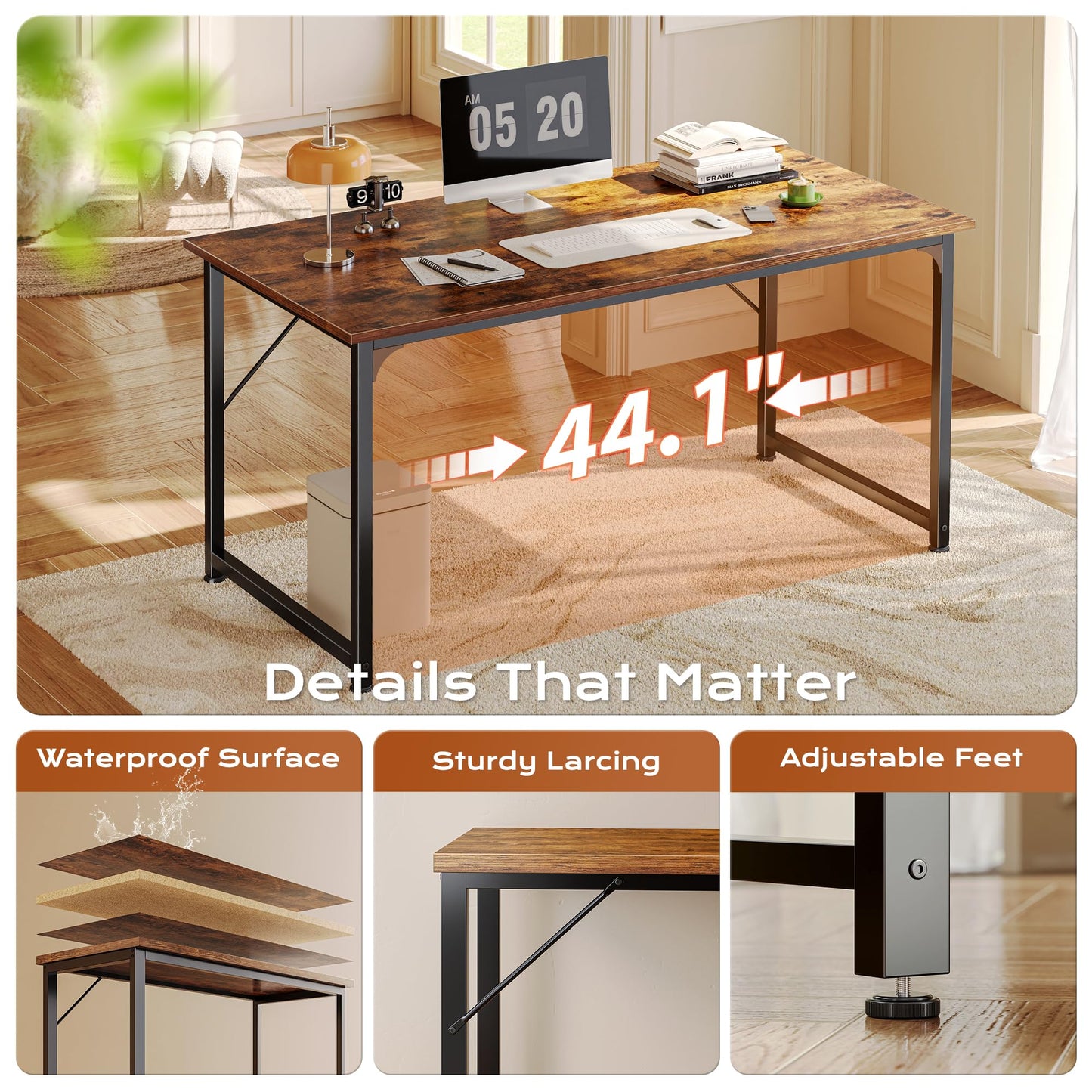 PRAISUN 47 X 24 Inch Computer Desk with Deeper Desktop, Gaming Office Writing Work Desk for Home Office, Study, Bedroom, Work from Home, Metal Frame, Rustic Brown