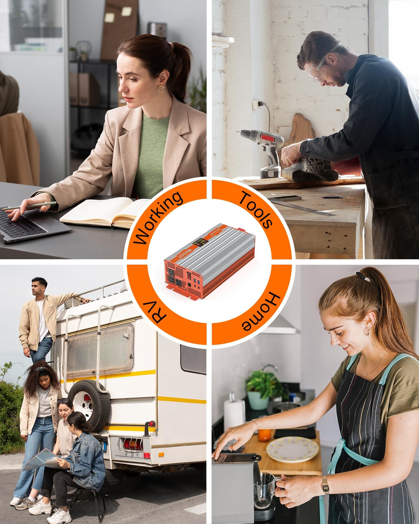 JOEMNWART 2000W Pure Sine Wave Power Inverter, 12V to 120V AC Converter, 4000W Peak Inverter for RV, Truck, Solar with Dual AC and 20A Outlet,4 Quick Charging USB Ports, Remote Controller