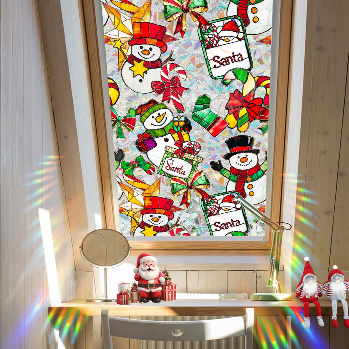 Christmas Stained Glass Window Cling Rainbow Tinted Window Film Privacy Stained Glass Window Decal Snowman Bow Candy Cane Windows Decals for Home School Xmas Party Decoration 17x 39.3 Inch