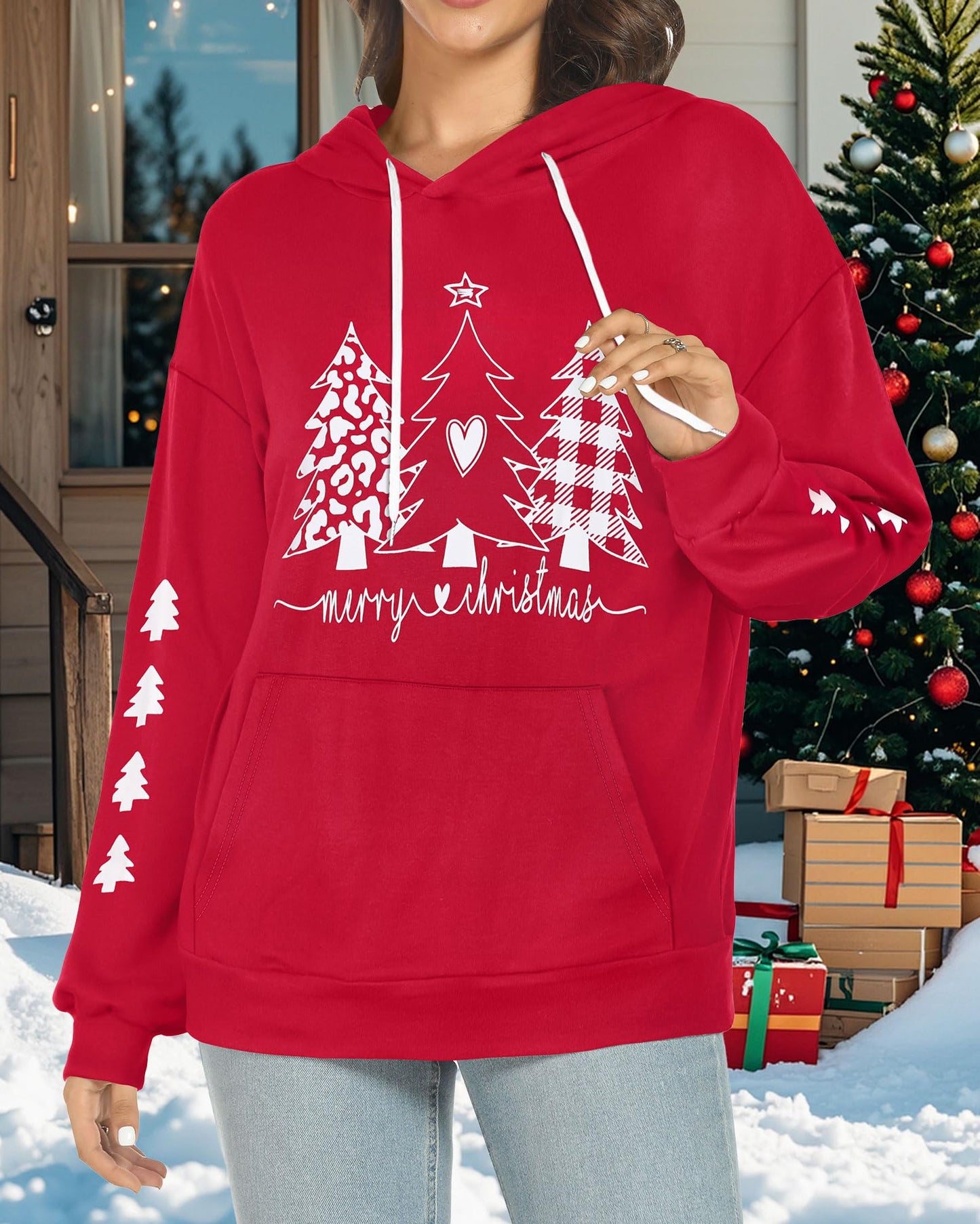 Women's Hoodies Long Sleeve Sweatshirts Drawstring Pullover Tops with Pocket Casual Loose Blouses Tunic (Red Christmas Tree,L)