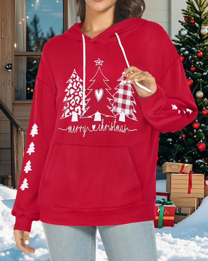 Women's Hoodies Long Sleeve Sweatshirts Drawstring Pullover Tops with Pocket Casual Loose Blouses Tunic (Red Christmas Tree,L)