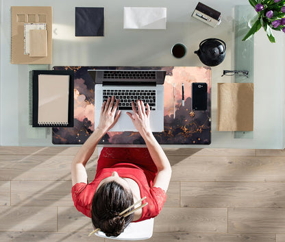 Pink Black Clouds Desk Mat XXL Large Extended Gaming Mouse Pad Celestial Mousepad with Stitched Edges, Office Desktop Decor Desk Pad Computer Mat, Laptop Keyboard and Mouse Mat, 31.5x15.75 in