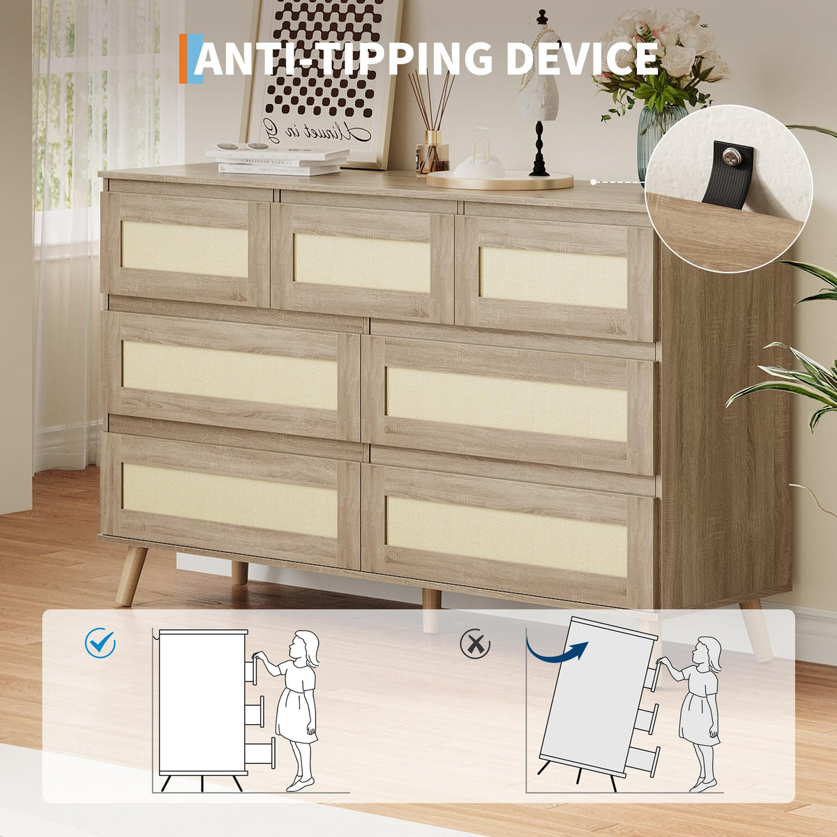 Patikuin Modern Rattan 7 Drawer Dresser for Bedroom, Wooden Chest of Drawers with Storage, Clothes Organizer Cabinet for Nursery, Living Room, Entryway, Natural Finish