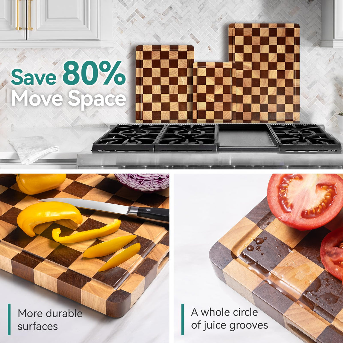 Checkerboard Cutting Board 3-PC Set, Solid Wooden Chopping Board, Acacia Wood Cutting Board for Kitchen with Holder with Deep Juice Grooves & Built-in Handles, for Meat, Vegetables and Fruits