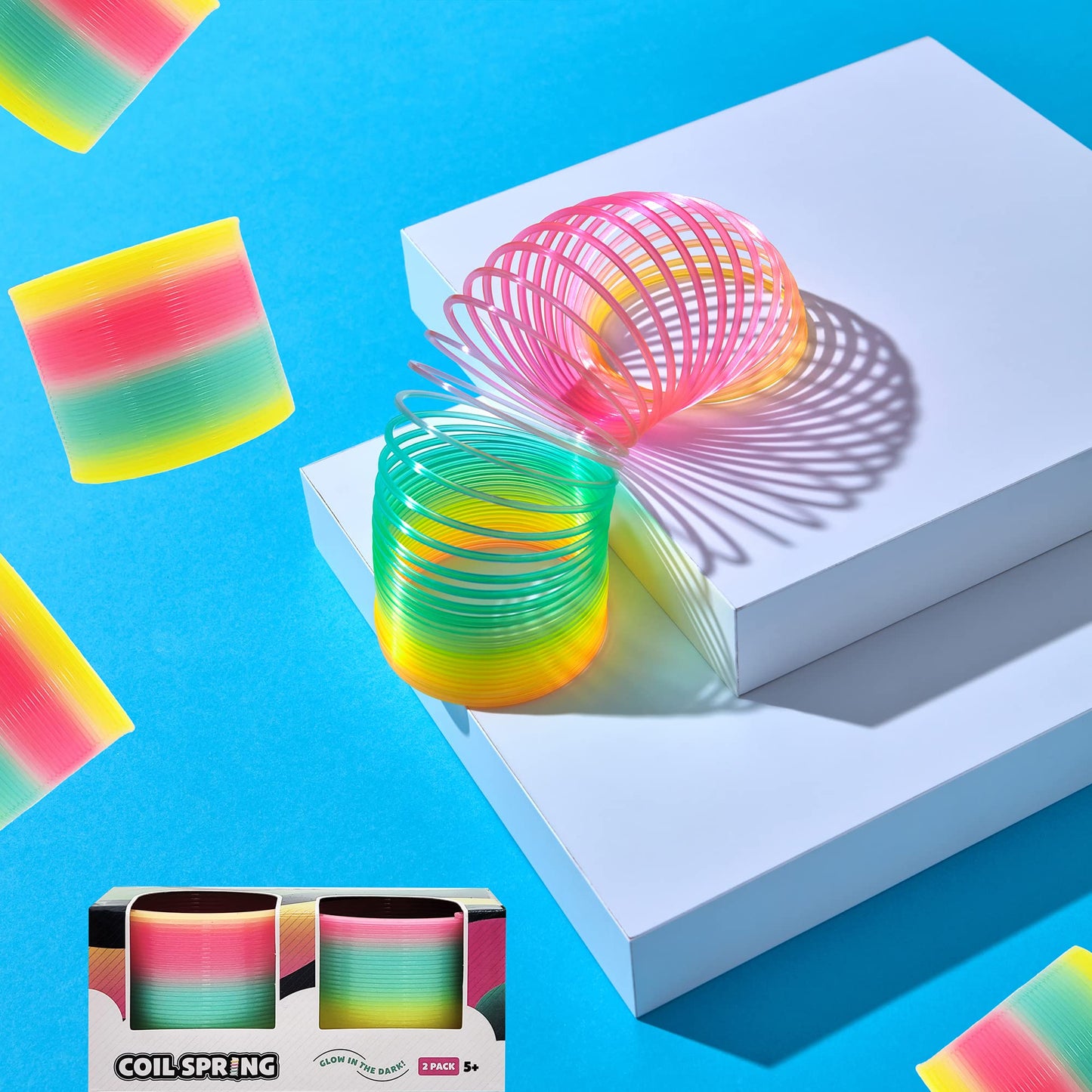 The Dreidel Company Plastic Coil Spring, Glow-In-The-Dark Magic Rainbow Slingy, Party Favor, Birthday Bag Filler, Stocking Stuffers, 3" (80MM) (2-Pack)