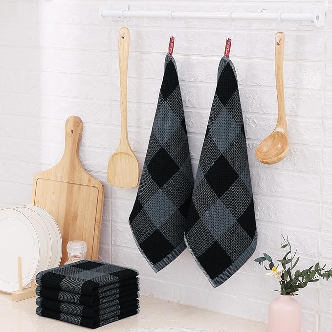 Homaxy 100% Cotton Waffle Weave Check Plaid Dish Cloths, 12 x 12 Inches