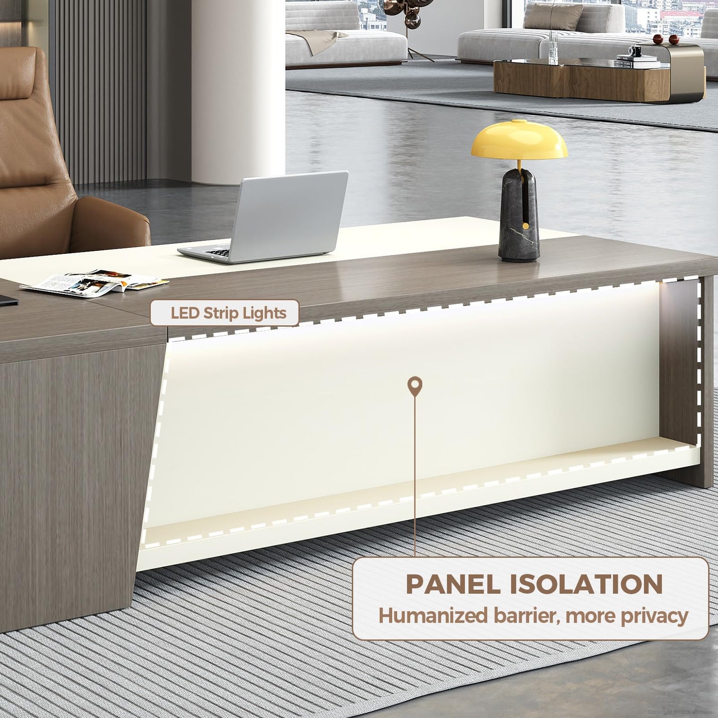 ZIMASYA 79 Inch L Shaped Executive Office Desk with Storage Cabinet, Right Return Desk with 2 AC Outlets and 2 USB Ports, Lockable Drawer, Cable Management Box, Smoked Gray and Off White