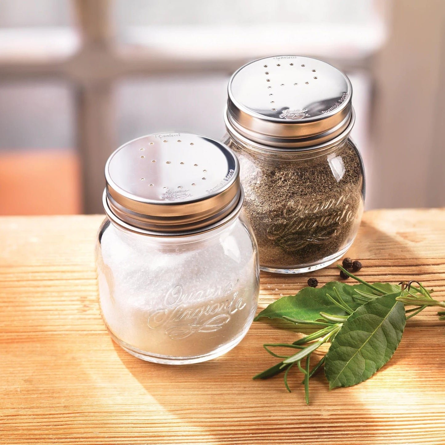 Bormioli Rocco 357760CBD021990 Quattro Stagioni Jar with Salt & Pepper Stainless Lid - Sleeve of 2, 5 oz, Clear